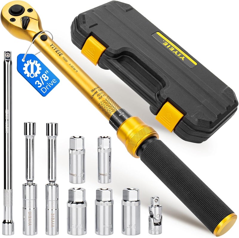 YIYEIE 10PCS Full Magnetic Spark Plug Socket Set with 3/8" Drive Torque Wrench (5-50 FT.LB/6.8-67.8Nm), Swivel Magnetic Spark Plug Removal Kit Includes 14, 16, 18mm& 9/16, 5/8, 3/4, 13/16 Inch Sockets - Image 1